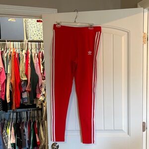 Adidas Women’s Bright Red Leggings with White Stripes